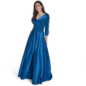 Jessica Howard Peacock Blue Satin V-Neck Evening Gown